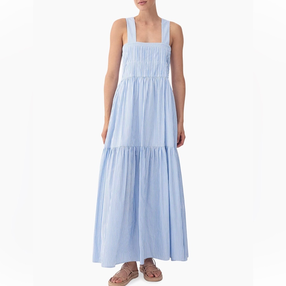 Bird & Knoll Penelope Striped Blue Cotton Tiered Maxi Dress